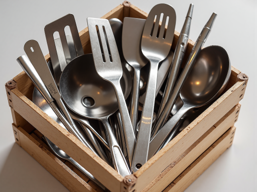 不锈钢厨房用具整齐排列，包括锅铲、勺子等，背景为白色台面，光线明亮